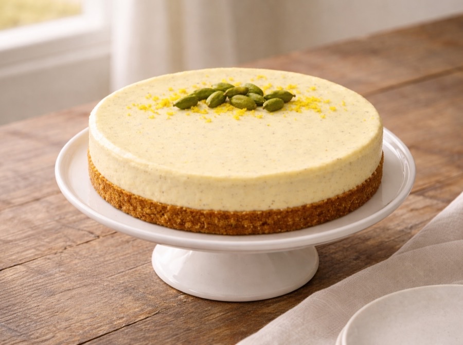 Lemon Cardamom cheesecake — whole cake, top view