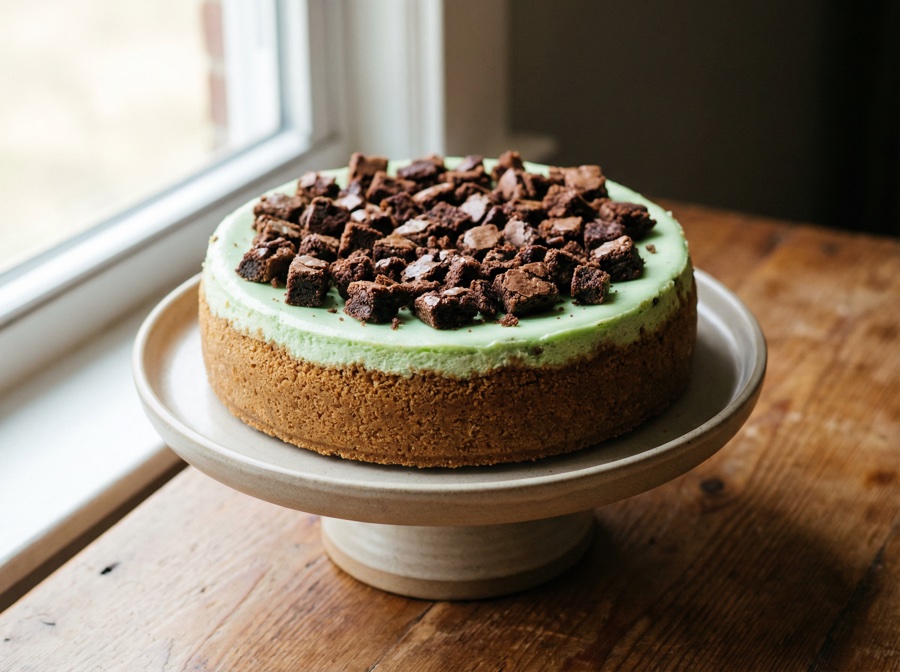 Mint Brownie cheesecake — whole cake, top view